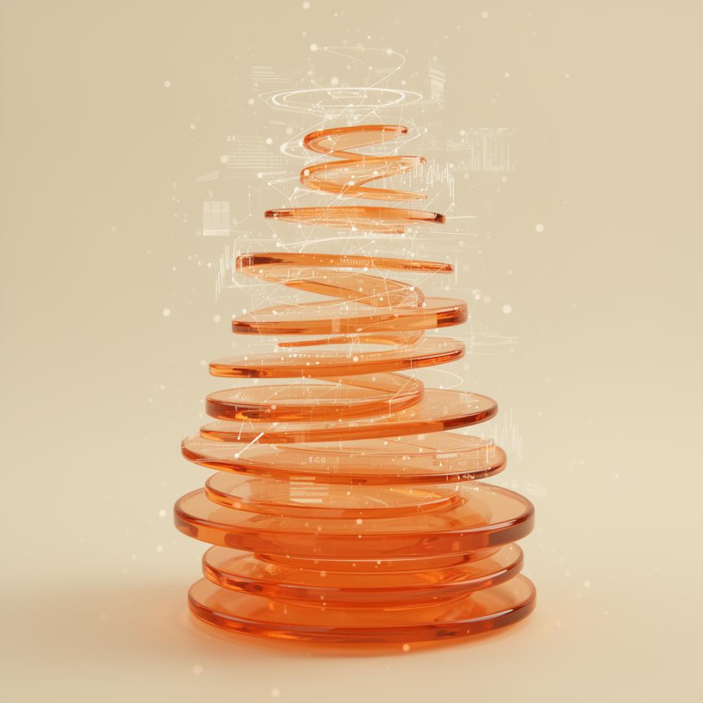 Pilha de discos de vidro laranja em espiral, com pontos de dados flutuando